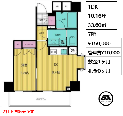 1DK 33.60㎡  賃料¥150,000 管理費¥10,000 敷金1ヶ月 礼金0ヶ月 2月下旬退去予定