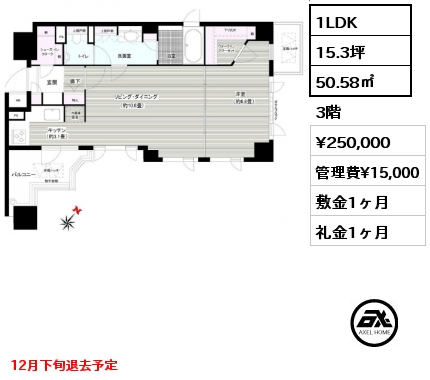 1LDK 50.58㎡ 3階 賃料¥250,000 管理費¥15,000 敷金1ヶ月 礼金1ヶ月 12月下旬退去予定