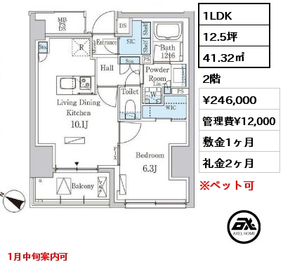 間取り8 1LDK 41.32㎡ 2階 賃料¥246,000 管理費¥12,000 敷金1ヶ月 礼金2ヶ月 1月中旬案内可