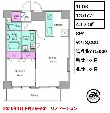 1LDK 43.20㎡ 8階 賃料¥218,000 管理費¥15,000 敷金1ヶ月 礼金1ヶ月 2025年1月中旬入居予定　リノベーション