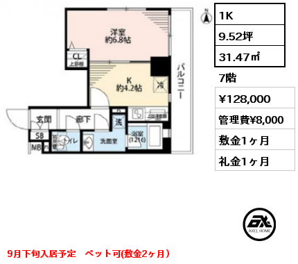 間取り8 1K 31.47㎡ 7階 賃料¥128,000 管理費¥8,000 敷金1ヶ月 礼金1ヶ月