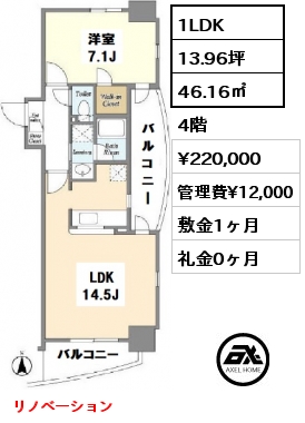 間取り8 1LDK 46.16㎡ 4階 賃料¥220,000 管理費¥12,000 敷金1ヶ月 礼金0ヶ月 リノベーション