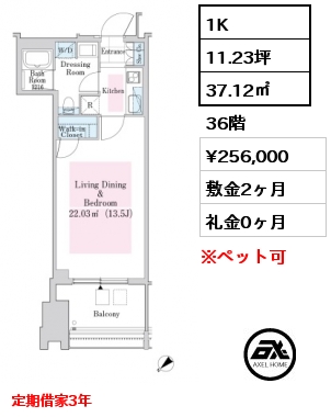 1K 37.12㎡ 36階 賃料¥256,000 敷金2ヶ月 礼金0ヶ月 定期借家3年