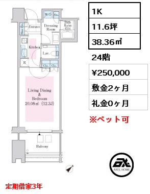 1K 38.36㎡ 24階 賃料¥250,000 敷金2ヶ月 礼金0ヶ月 定期借家3年