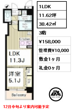 間取り9 1LDK 38.42㎡ 3階 賃料¥158,000 管理費¥10,000 敷金1ヶ月 礼金0ヶ月 12月中旬より案内可能予定