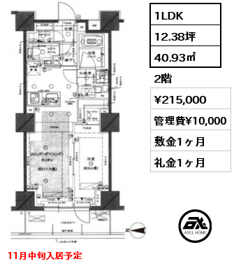 間取り9 1LDK 40.93㎡ 2階 賃料¥215,000 管理費¥10,000 敷金1ヶ月 礼金1ヶ月 11月中旬入居予定