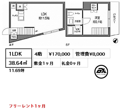1LDK 38.64㎡ 4階 賃料¥170,000 管理費¥8,000 敷金1ヶ月 礼金0ヶ月 フリーレント1ヶ月