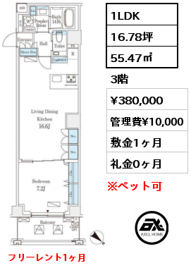 1LDK 55.47㎡ 3階 賃料¥380,000 管理費¥10,000 敷金1ヶ月 礼金0ヶ月 フリーレント1ヶ月