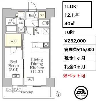 1LDK 40㎡ 10階 賃料¥232,000 管理費¥15,000 敷金1ヶ月 礼金0ヶ月