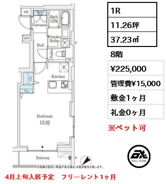 1R 37.23㎡  賃料¥225,000 管理費¥15,000 敷金1ヶ月 礼金0ヶ月 4月上旬入居予定　フリーレント1ヶ月