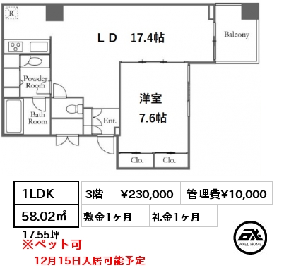 間取り9 1LDK 58.02㎡ 3階 賃料¥230,000 管理費¥10,000 敷金1ヶ月 礼金1ヶ月 12月15日入居可能予定