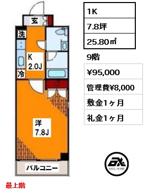 間取り9 1K 25.80㎡ 9階 賃料¥95,000 管理費¥8,000 敷金1ヶ月 礼金1ヶ月 最上階