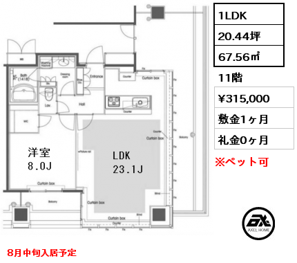 間取り9 1LDK 67.56㎡ 11階 賃料¥315,000 敷金1ヶ月 礼金0ヶ月 8月中旬入居予定