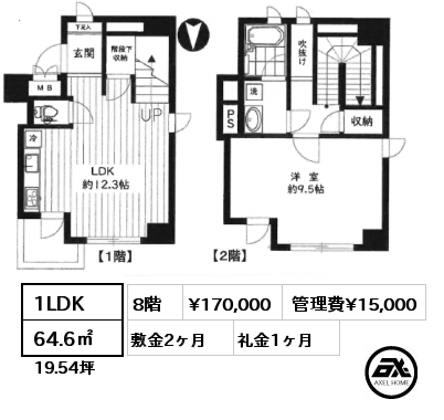 1LDK 64.6㎡ 8階 賃料¥170,000 管理費¥15,000 敷金2ヶ月 礼金1ヶ月