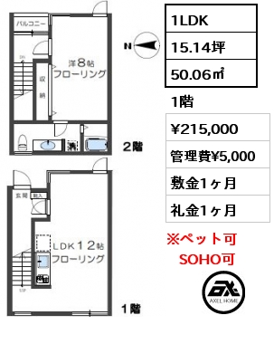 1LDK 50.06㎡ 1階 賃料¥215,000 管理費¥5,000 敷金1ヶ月 礼金1ヶ月