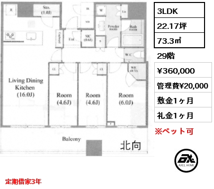 3LDK 73.3㎡ 29階 賃料¥360,000 管理費¥20,000 敷金1ヶ月 礼金1ヶ月 定期借家3年