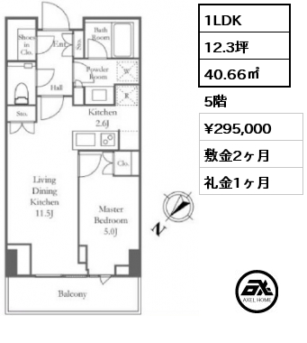 1LDK 40.66㎡ 5階 賃料¥295,000 敷金2ヶ月 礼金1ヶ月