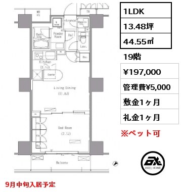 1LDK 44.55㎡ 19階 賃料¥197,000 管理費¥5,000 敷金1ヶ月 礼金1ヶ月