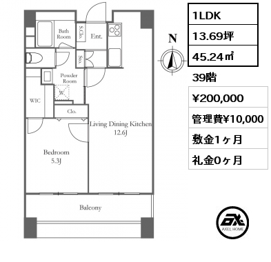 1LDK 45.24㎡ 39階 賃料¥200,000 管理費¥10,000 敷金1ヶ月 礼金0ヶ月
